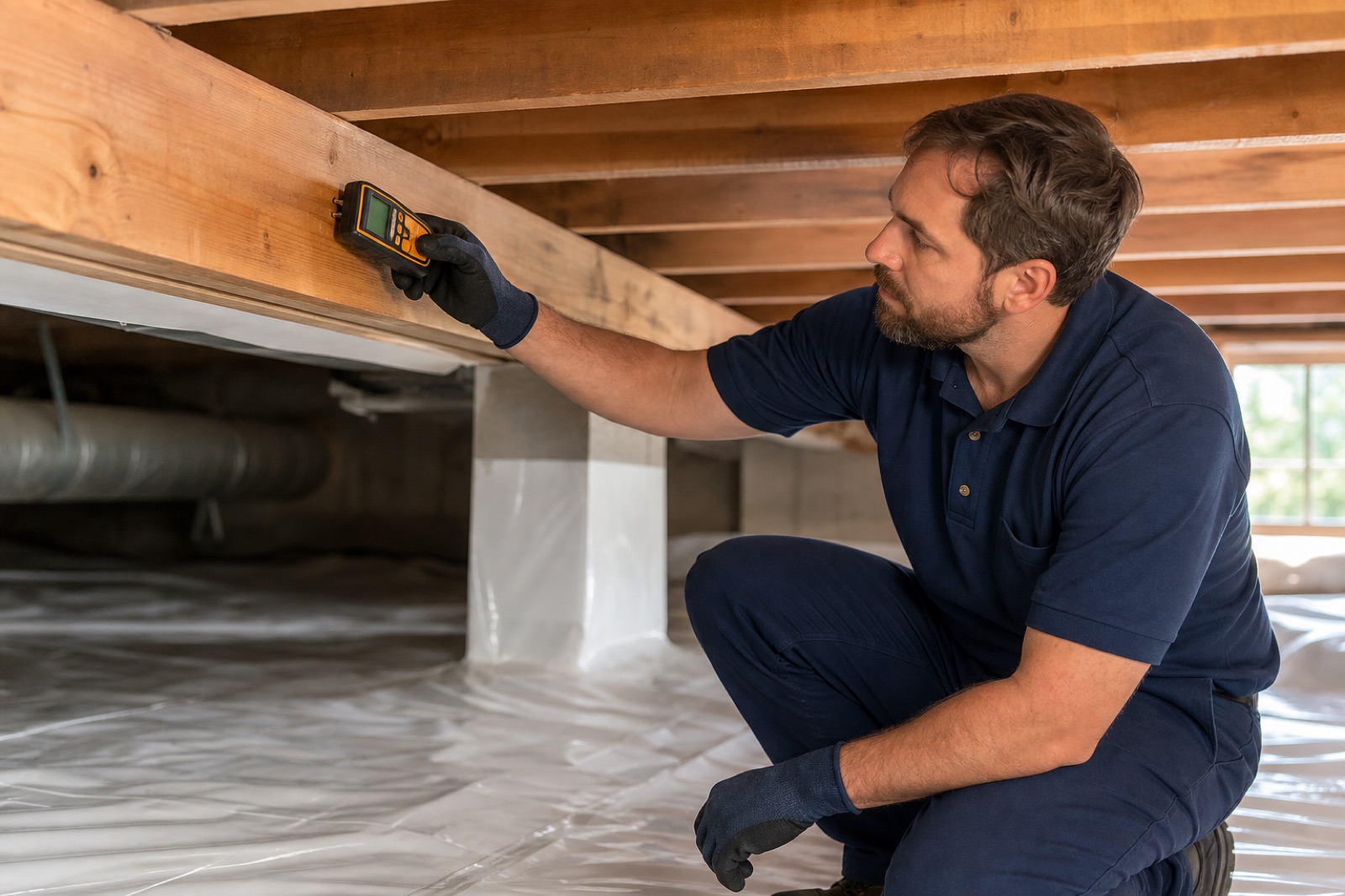 Technician checking moisture in a residential crawl space